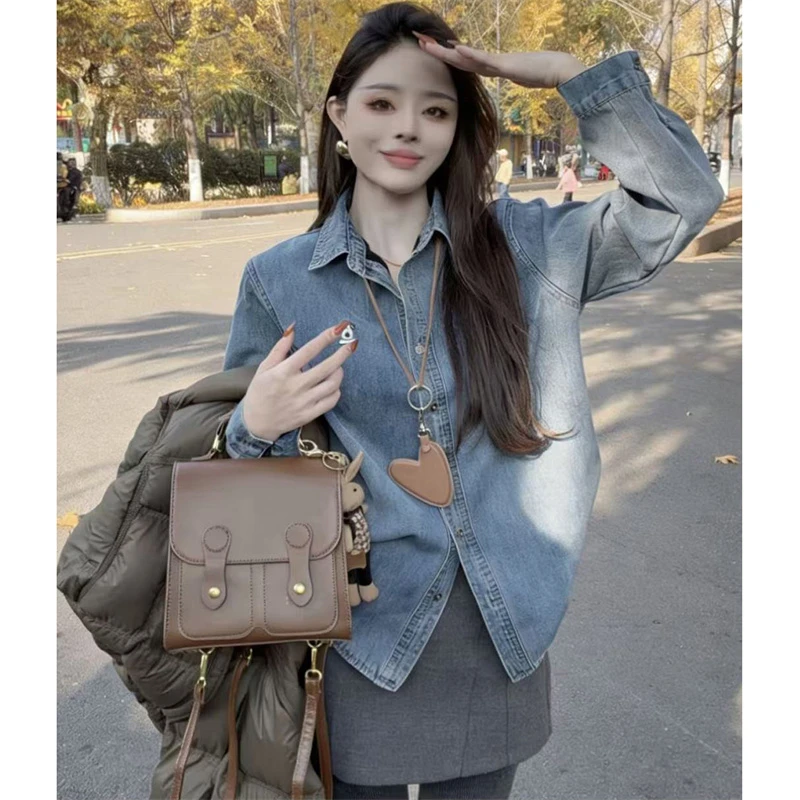 韩版设计感小狗刺绣加绒牛仔衬衫女冬季2025新款打底衫叠穿外套潮