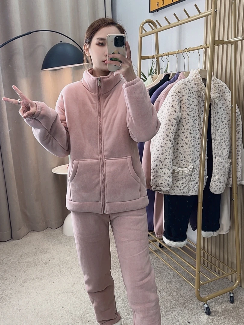 2024 秋冬海豚绒大口袋套装男女同款升级加厚三层外穿家居服