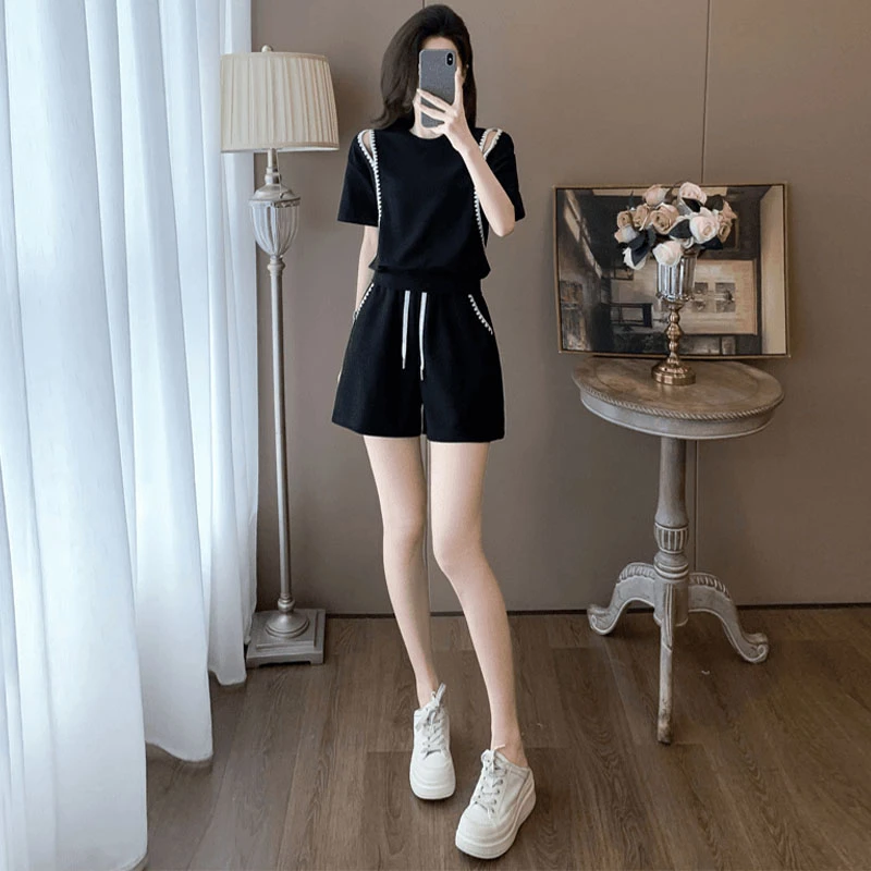 设计感拼接露肩短袖套装女2025年夏季新款宽松遮肉显瘦短裤两件套