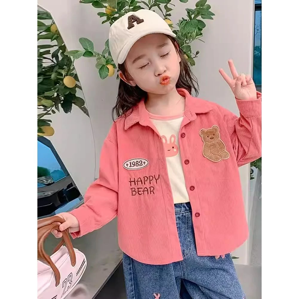 范哲萨女童衬衫外套新中小童秋新款灯芯绒翻领开衫外套韩版休闲上