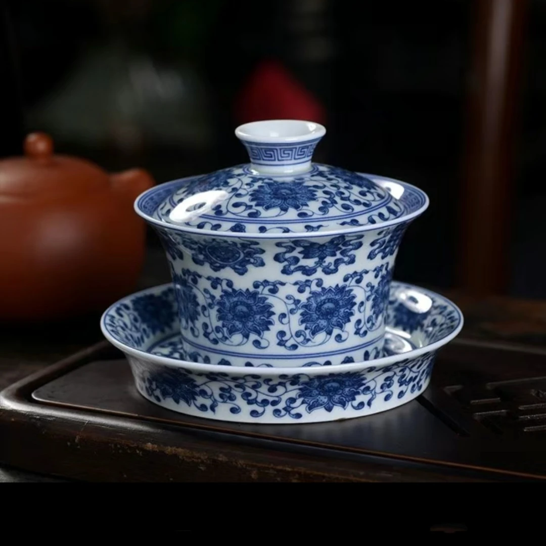 景德镇青花马蹄八宝缠枝莲三才盖碗泡茶半手家用瓷三才盖碗釉下彩