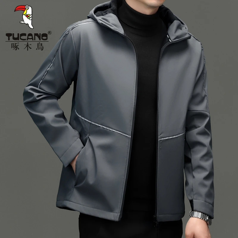 啄木鸟男士春秋百搭休闲夹克衫加绒加厚冲锋衣内里加绒保暖外套