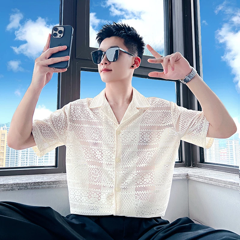 古巴领镂空男士短袖衬衫夏季2025新款高级感男装英伦痞帅薄款衬衣