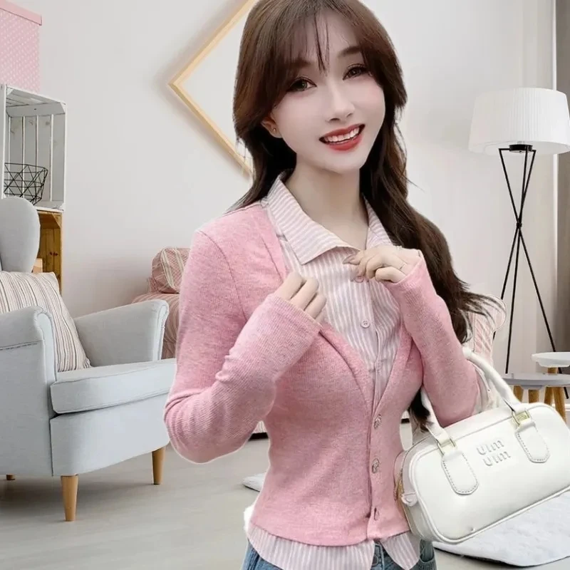 【全额运补】韩系学院风条纹拼接POLO领长袖T恤新款显瘦假两件上衣