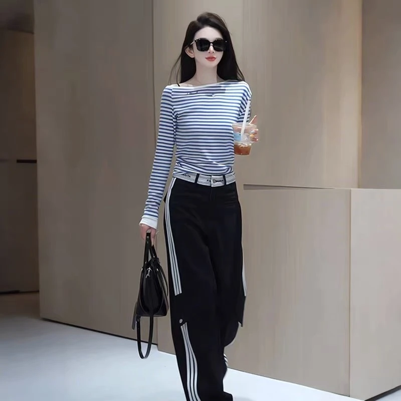减龄套装女2025秋季新款一字领条纹长袖高腰窄版阔腿休闲裤两件套