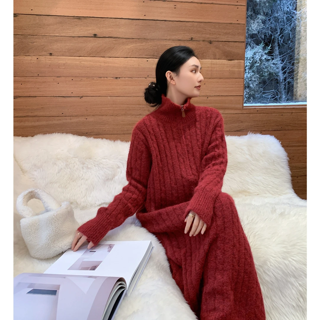 ZMA孕妇装【拉链麻花毛衣裙】新年战袍孕期冬裙子红色针织麻花长裙