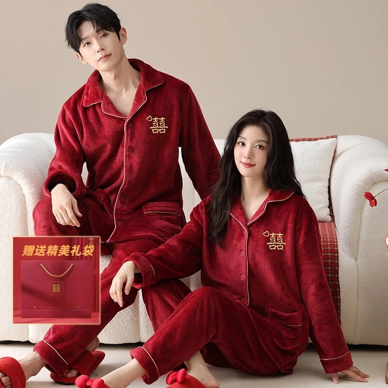 新婚情侣家居服睡衣法兰绒套装冬季大红色喜庆加绒加厚保暖男女