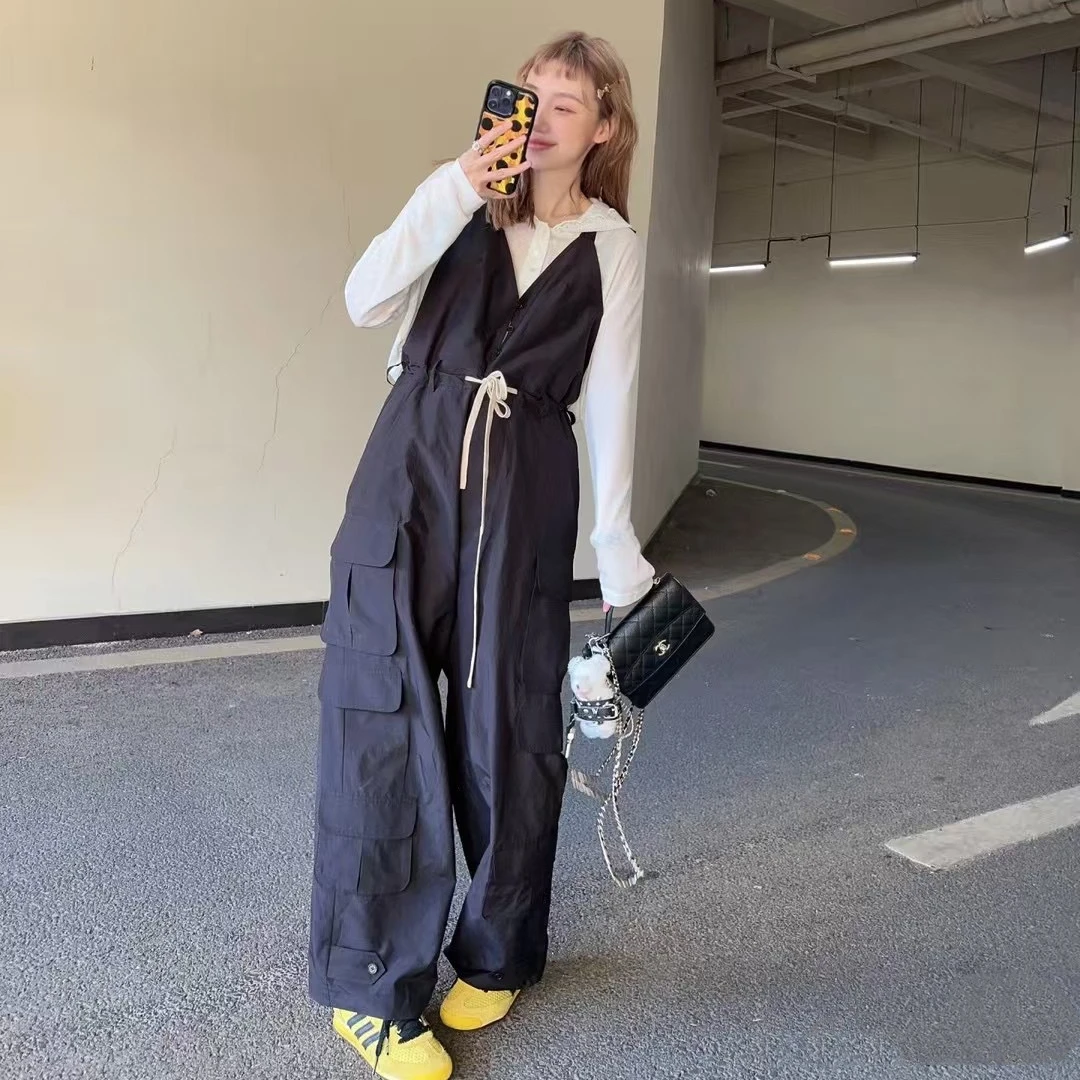 【小怪兽无袖背带裤】2025春夏新品工装风抽绳贴袋阔腿连体裤长裤女