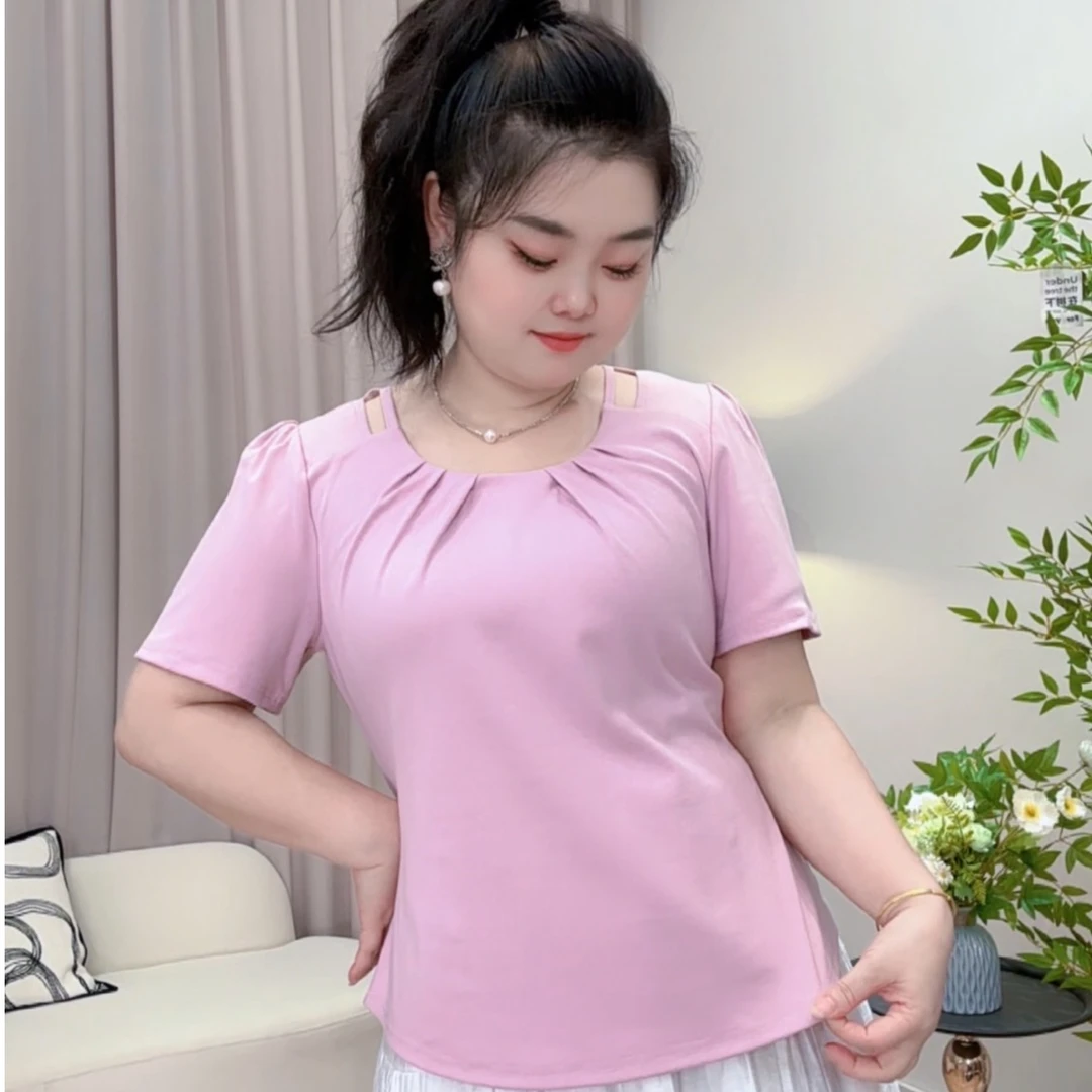 大码不规则设计感正肩短袖t恤女2025新款夏季遮肚子显瘦方领上衣