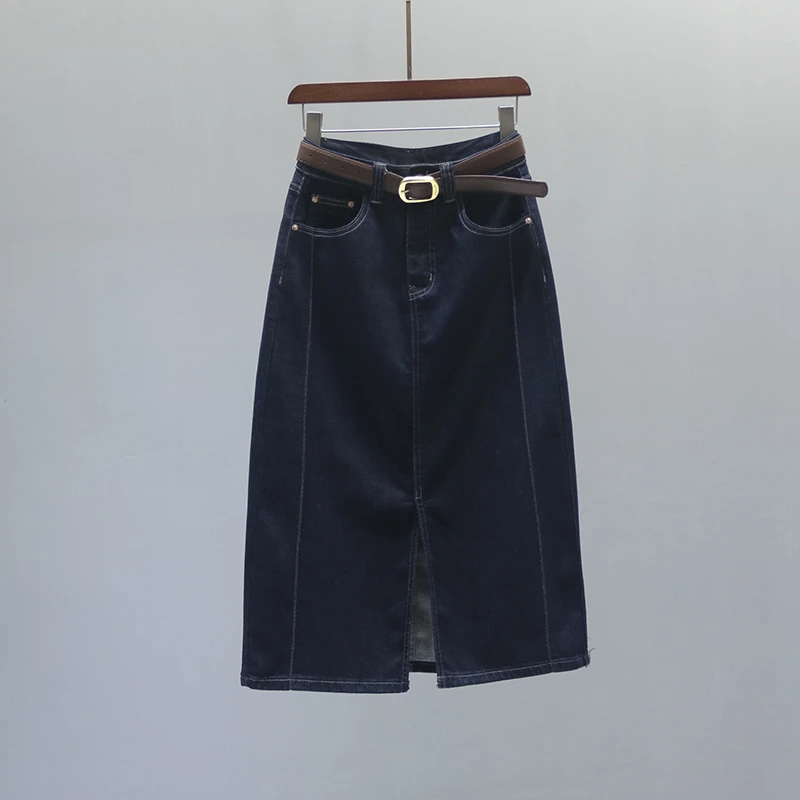 深蓝色高腰中长款牛仔半身裙女夏季2025新款前开叉百搭包臀A字裙