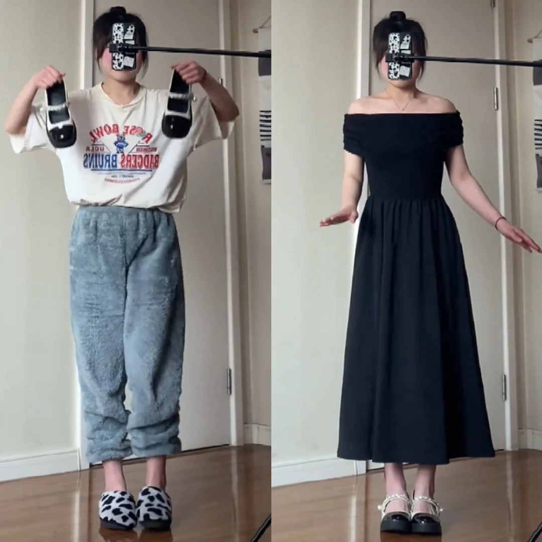 高级感黑色一字肩连衣裙女2025春秋新款大码胖mm收腰显瘦赫本长裙
