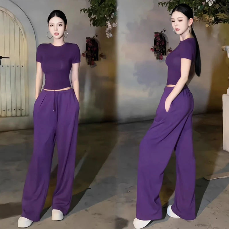 高档紫色系套装女夏季新款纯棉T恤上衣时尚卫裤纯欲穿搭两件套