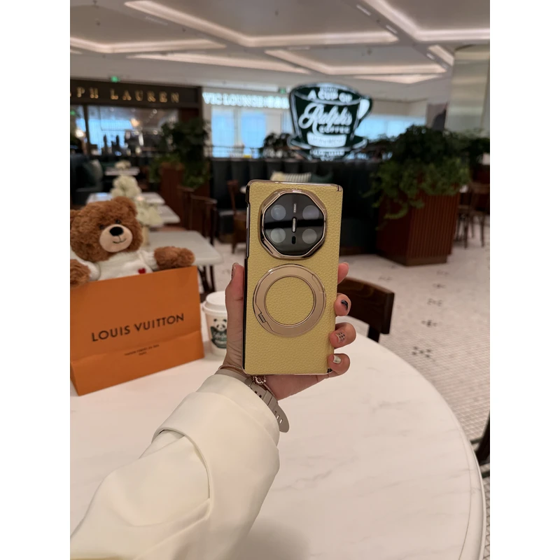 适用于华为Matex6磁吸双中轴旋转支架折叠手机壳 荔枝纹包镜头