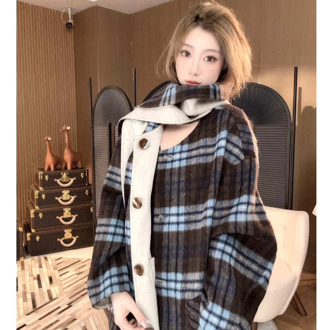 Qixiaoyao 新款设计款长款格子双面呢大衣#YTRL25112
