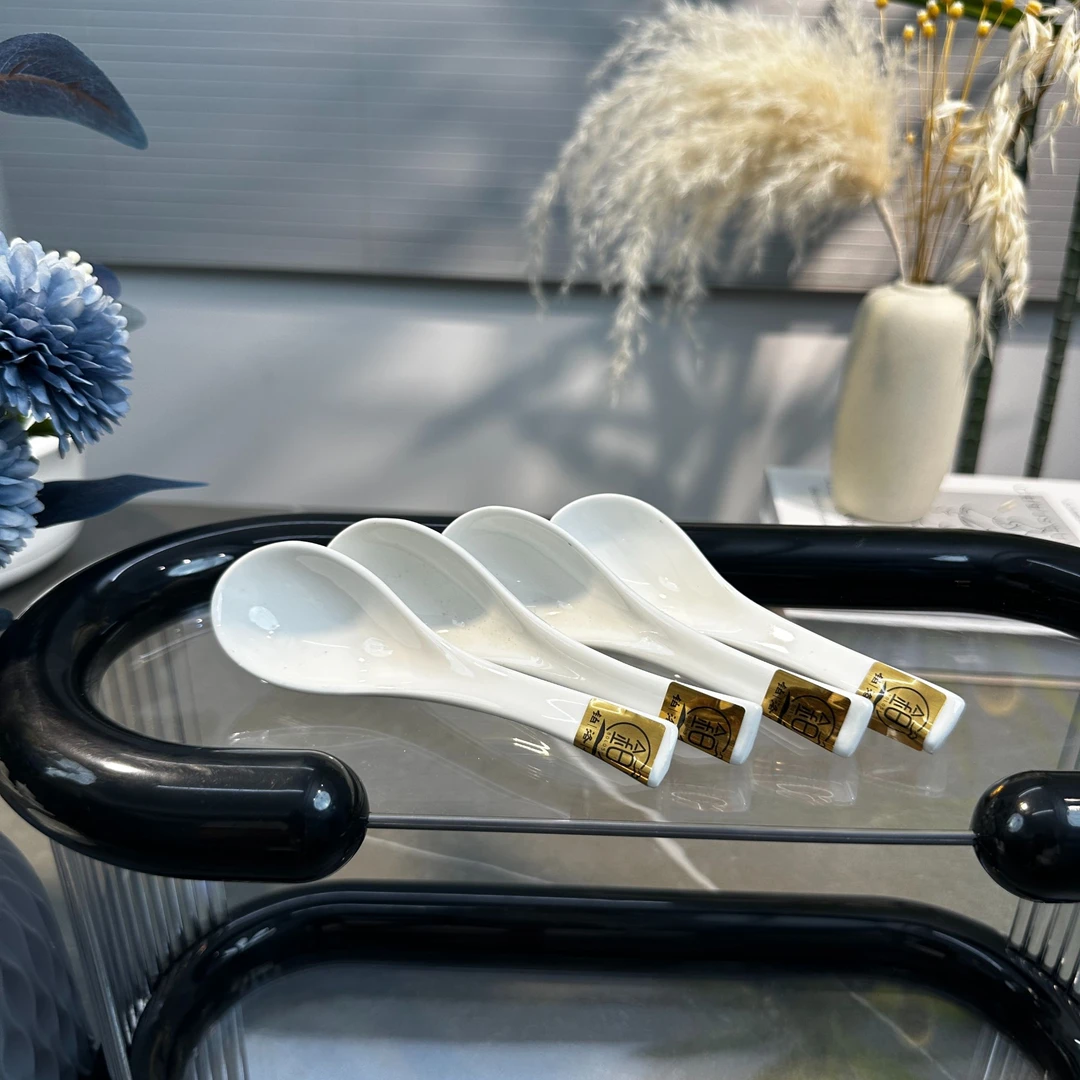 陶瓷无孔汤勺饭勺汤匙酒店勺子简约家用餐具小勺中式4个装吃饭