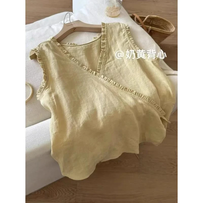 韩版百搭小众V领木耳边无袖背心女夏季新款休闲独特别致小衫上衣