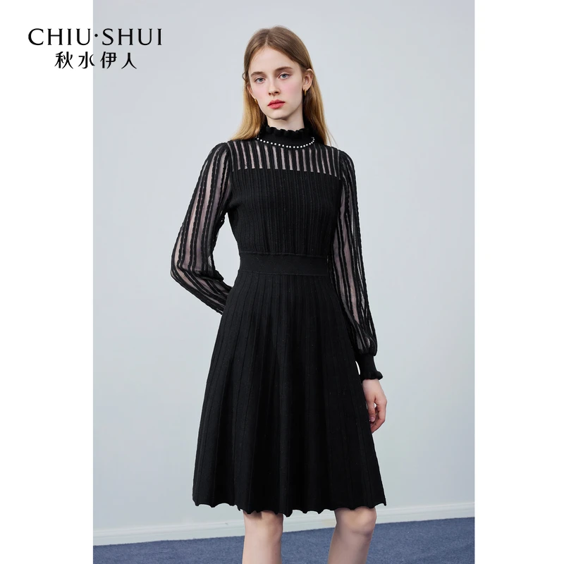 【小铃铛】秋水伊人半高领黑色针织连衣裙中长裙子623408D020392