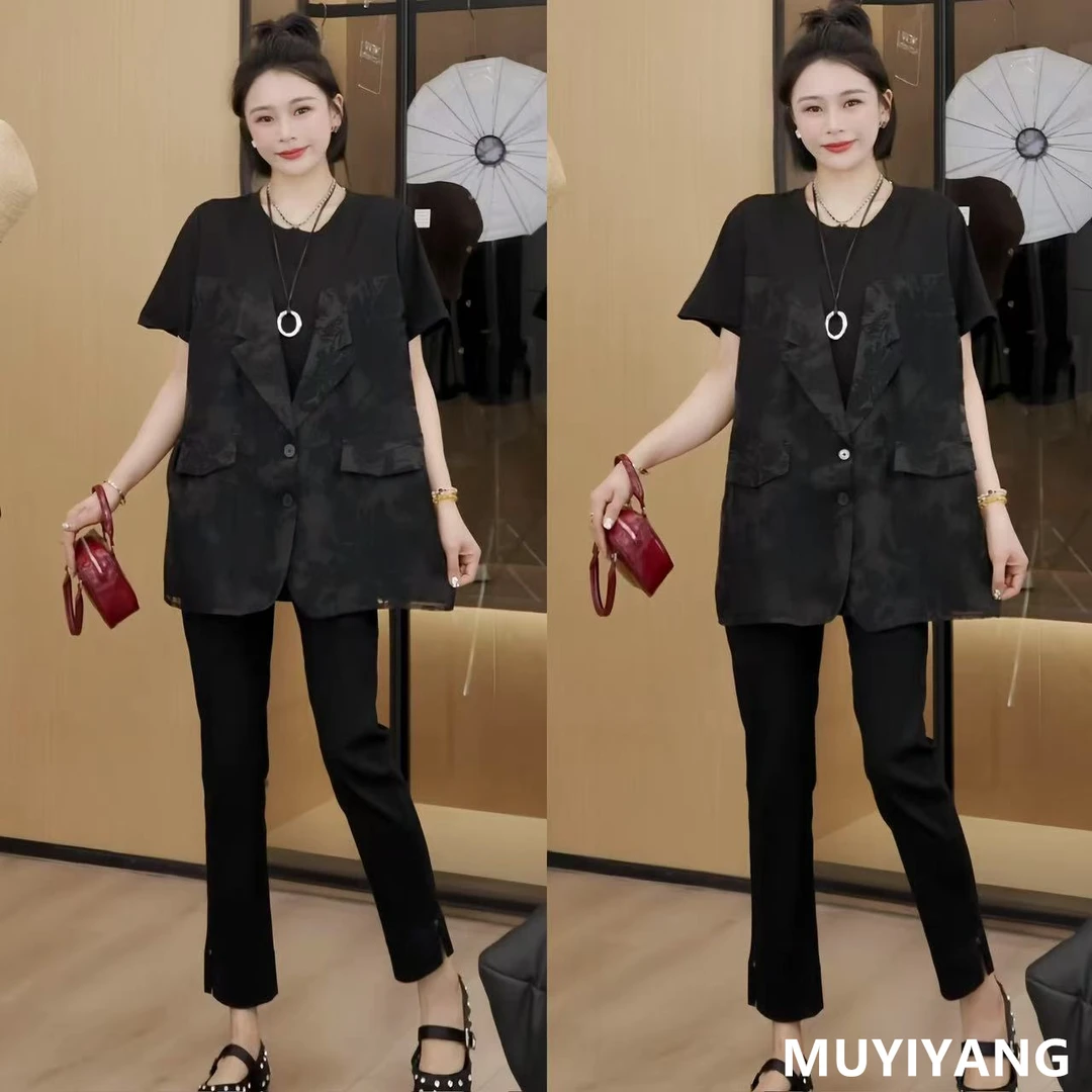 【墨雨】独特超好看假两件拼接衣服高定版短袖小众 衣长70 25-102#