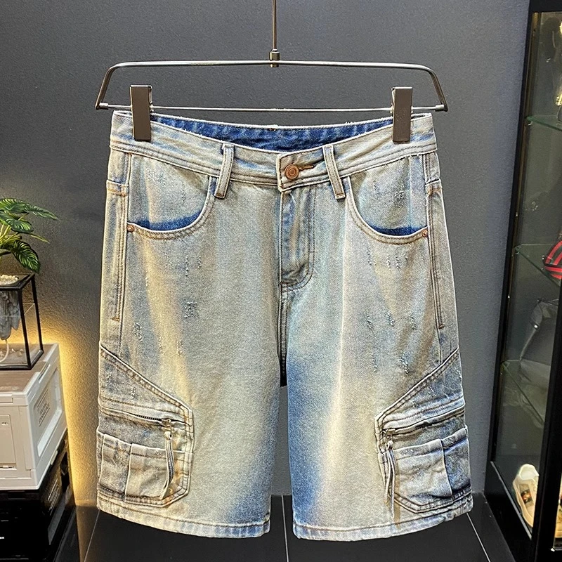 Cebrodz美式工装多口袋牛仔短裤男浅色五分裤高端潮牌宽松直筒裤