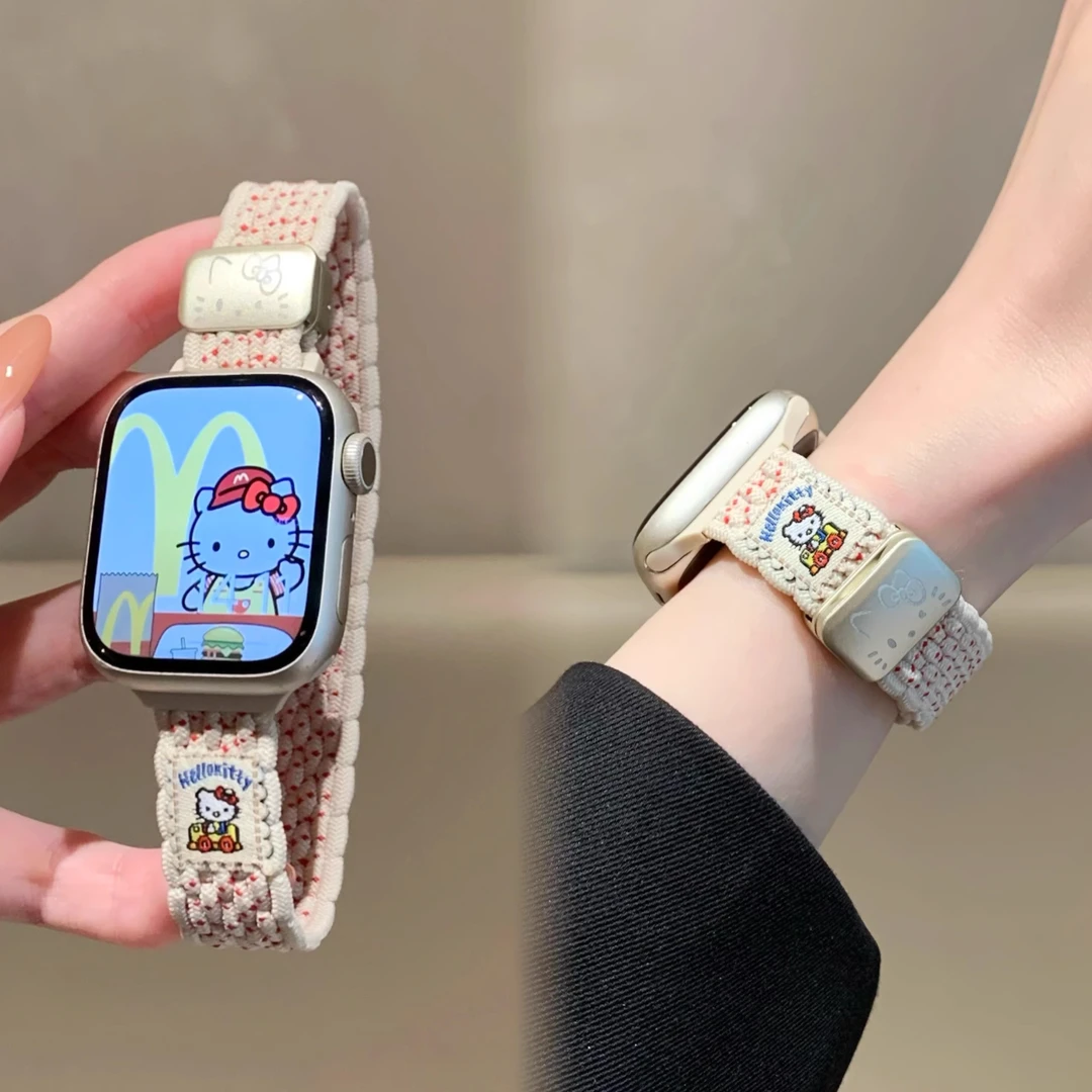 适用苹果手表S10可爱KT猫iwatchS9细款编织S8磁吸表带SE夏季7女款