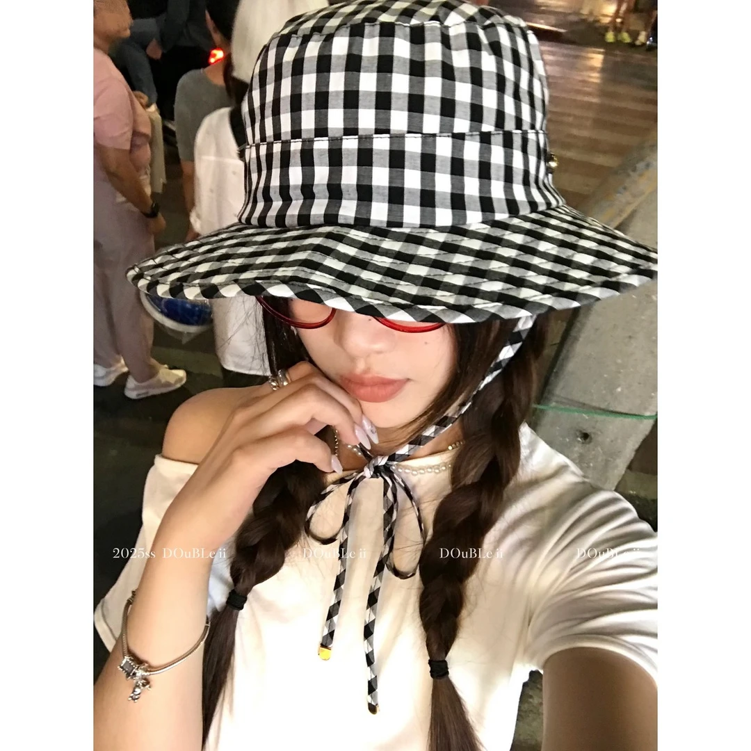 double i i 甜美日系格子渔夫帽子女春夏大帽檐显脸小遮阳防晒盆