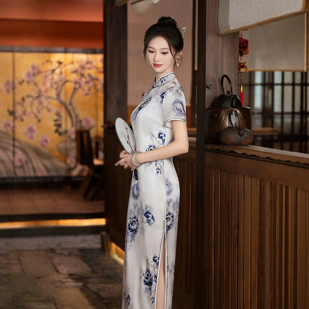 2025桑蚕丝夏季国风牡丹新中式长款日常年轻款修身显瘦旗袍连衣裙