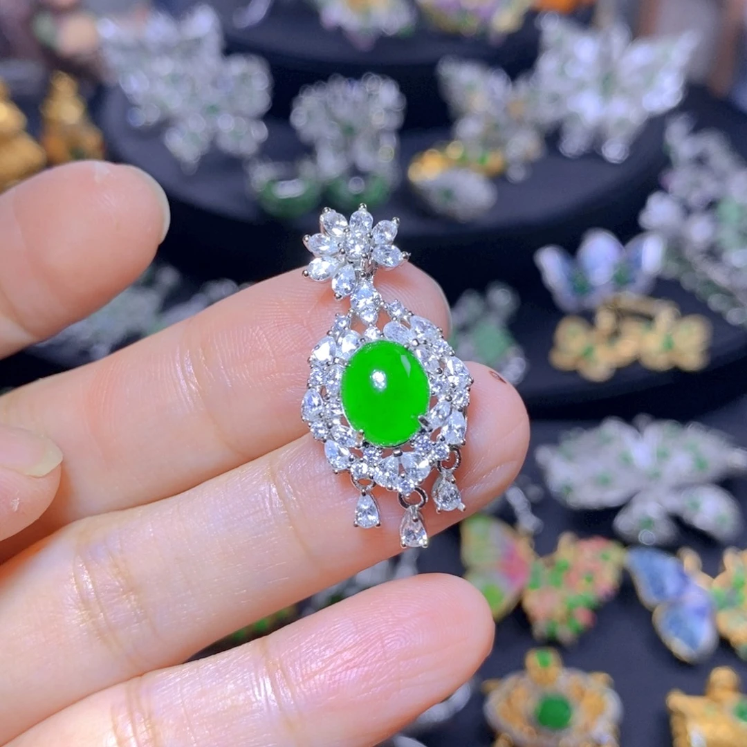 翡翠银S925镶嵌毛衣链天然翡翠