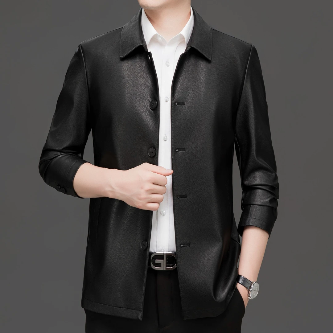 男士皮衣短款风衣春秋冬加绒外套纽扣款高档商务休闲翻领外套