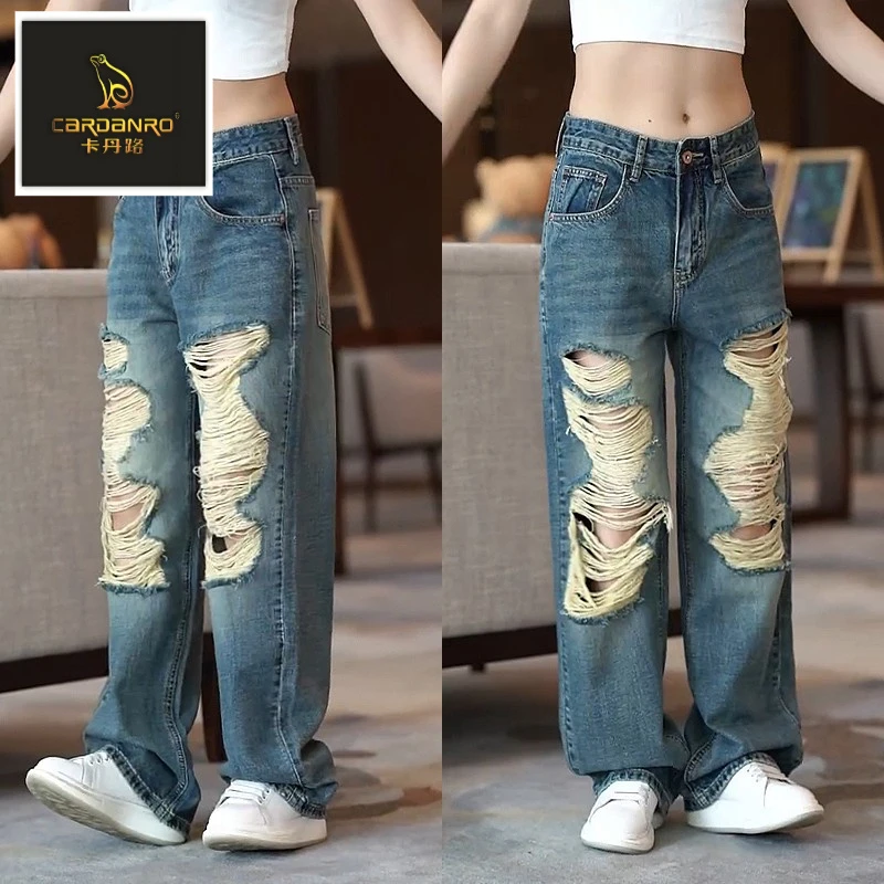 美式破洞牛仔裤男女同款高街宽松阔腿裤子冬季乞丐休闲长裤子情侣