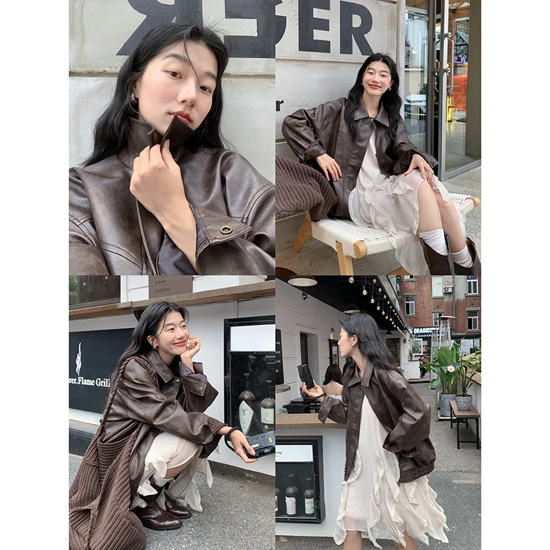 觅定初秋美式复古棕色皮衣外套女酷飒风小个子黑色皮夹克DS12541