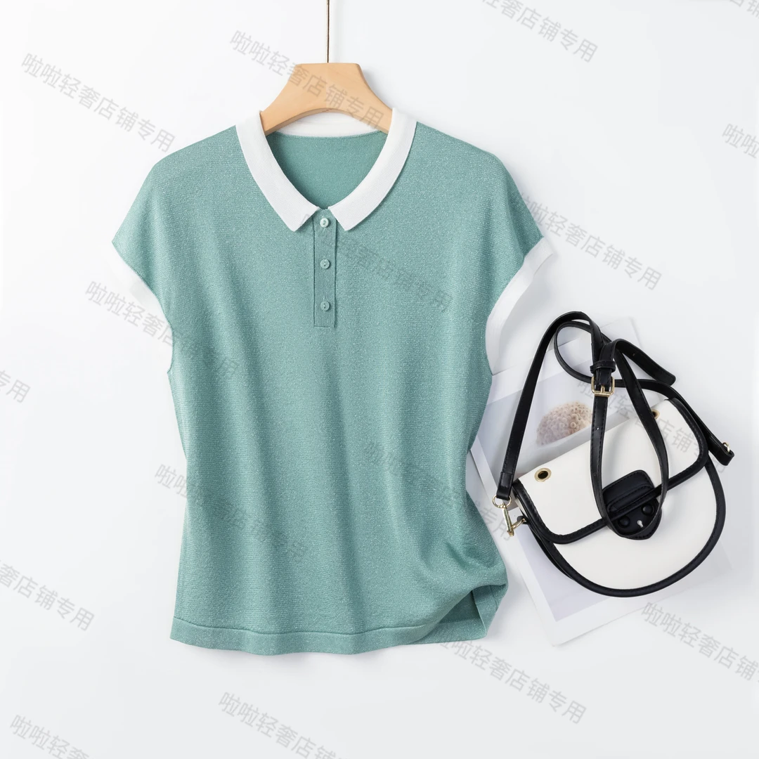 【啦啦精选】夏季简约针织小翻领撞色露西丝透气冰凉舒适25008