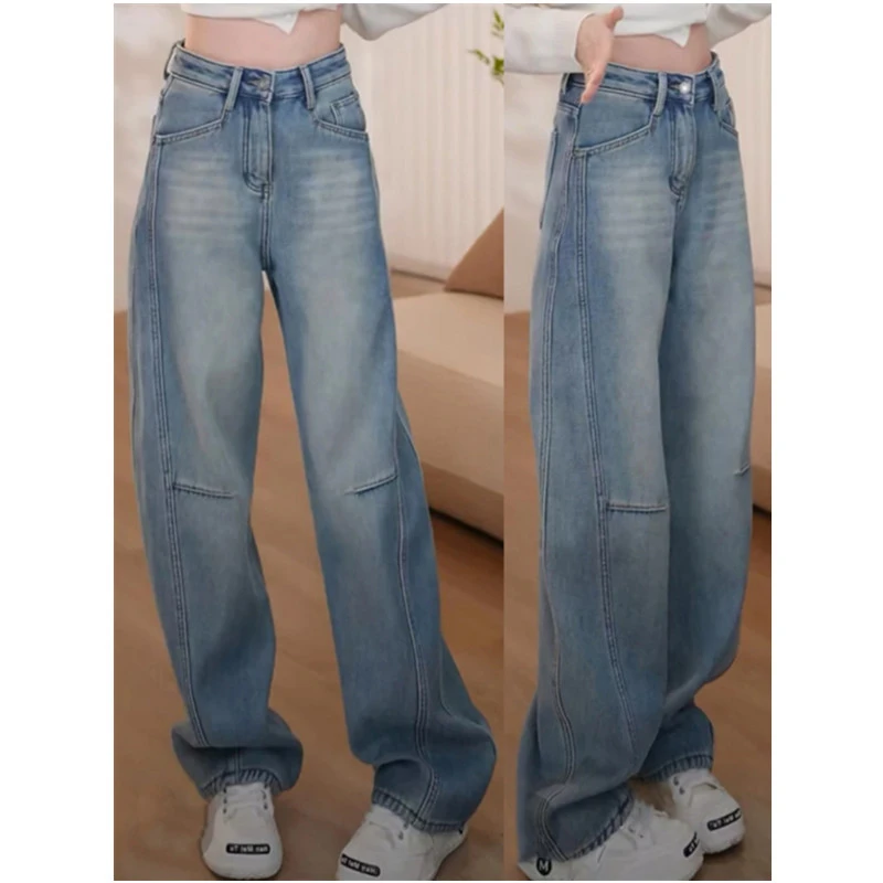 300斤大码水洗做旧直筒牛仔裤女春季新款梨形显瘦宽松弯刀阔腿裤2