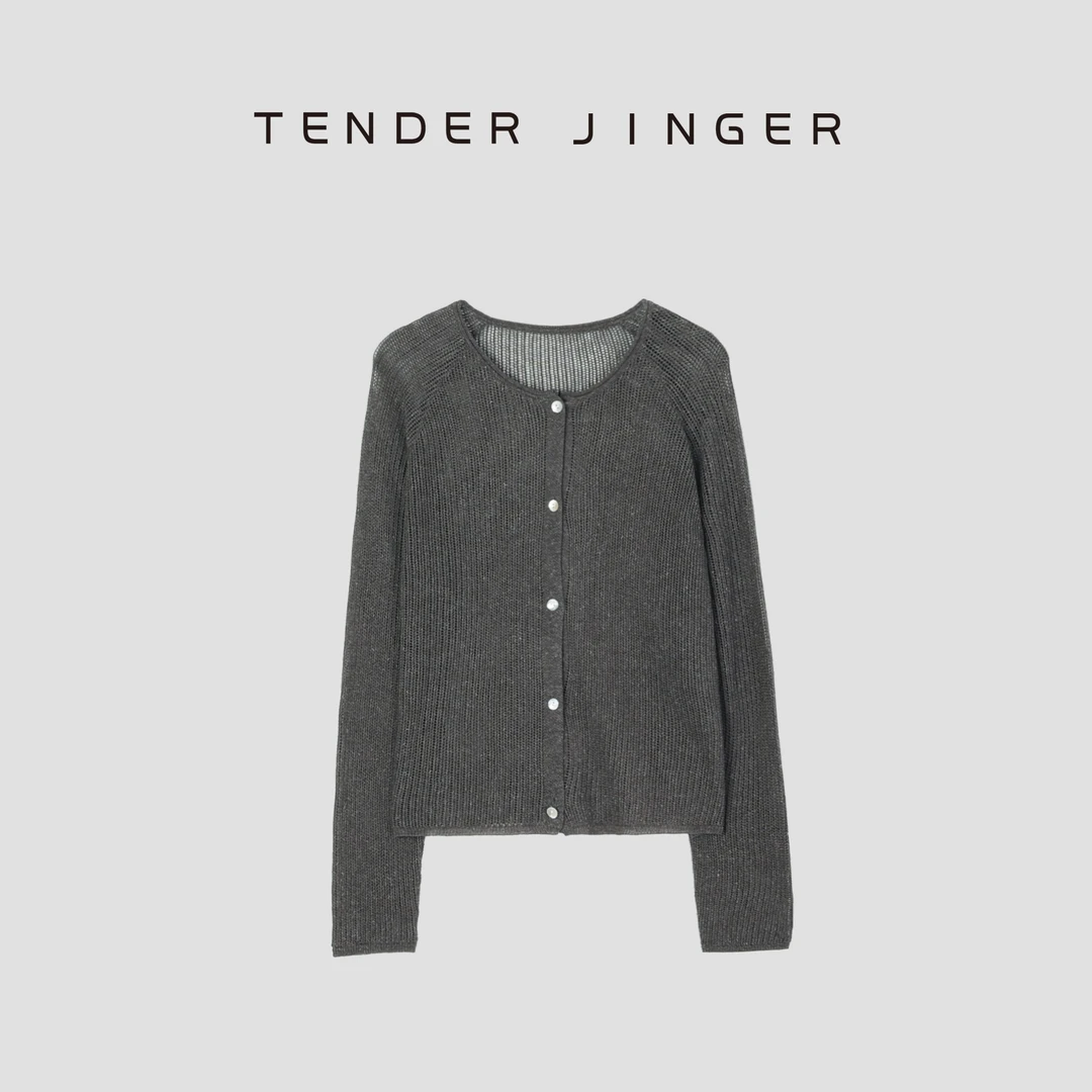 Tender Jinger【疯狂星期三】圆领卷边亚麻长袖针织开衫T51SZZ80283