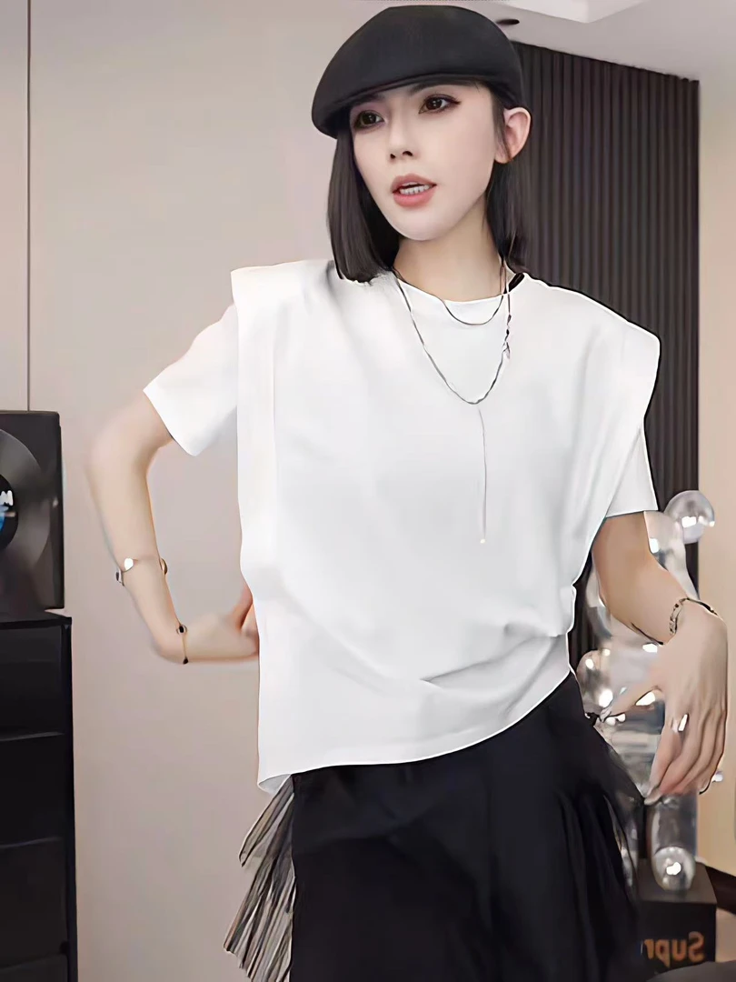 设计感小众不规则正肩圆领短袖T恤女夏时尚洋气宽松显瘦百搭上衣