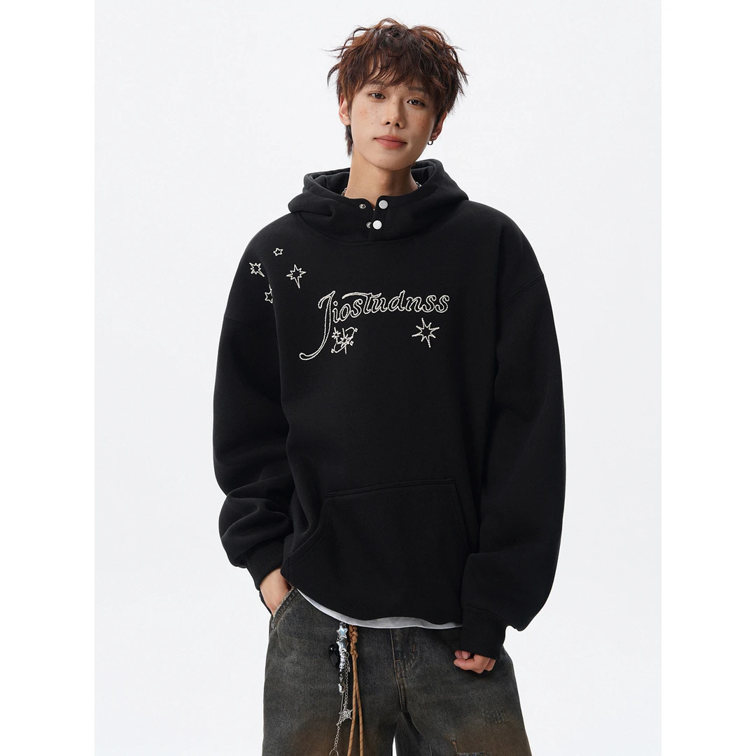 冬季加绒加厚重磅复古刺绣连帽卫衣男女宽松休闲套头帽衫潮牌上衣