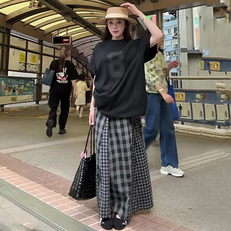 【魔都唱片】黑色中长款印花正肩短袖t恤拼接格子不规则半身裙套装