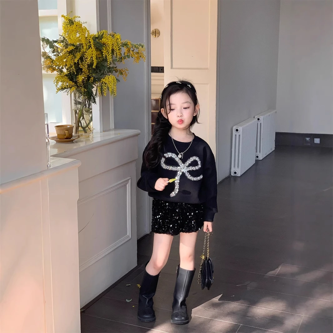 2025春季新款女童亮片蝴蝶结卫衣韩版上衣+亮片半身裙