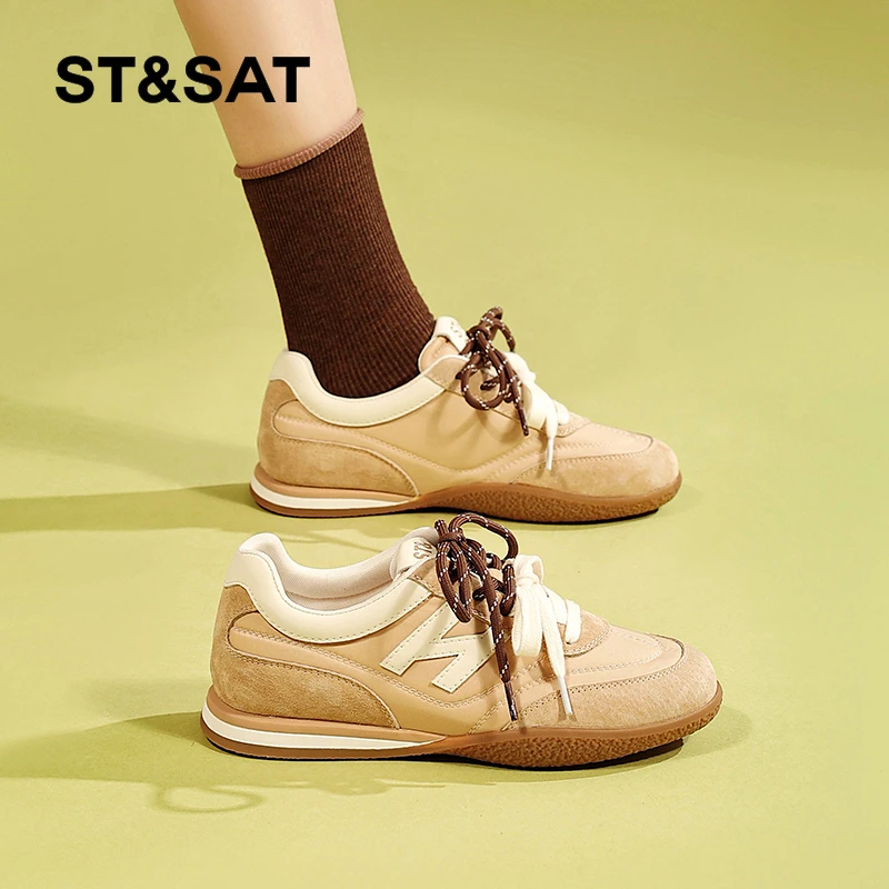 星期六真皮德训鞋女款2025春季新款双鞋带板鞋旅行休闲运动跑步鞋