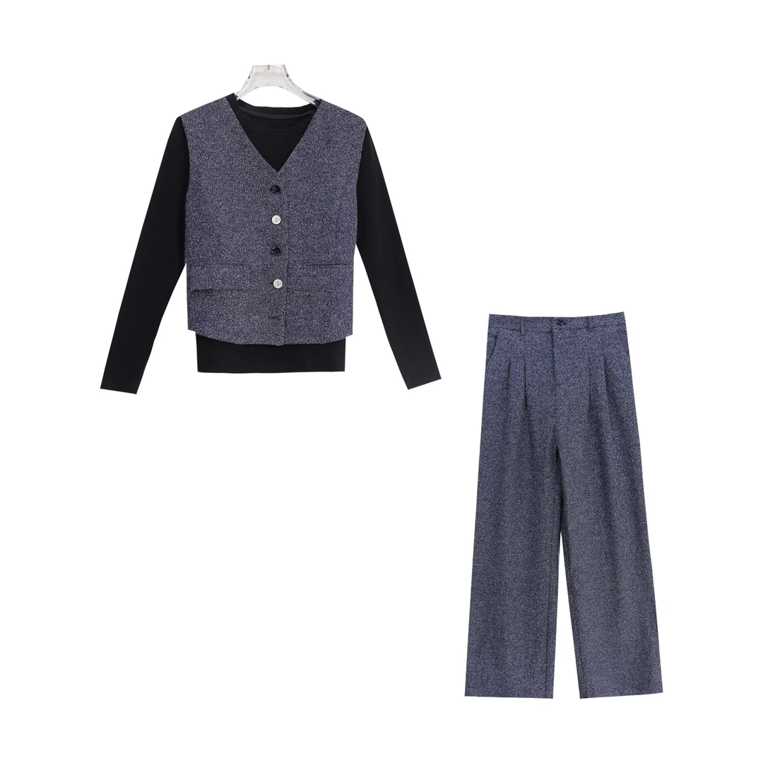 S西装单排扣马甲纯色圆领内搭阔腿裤三件套S4425