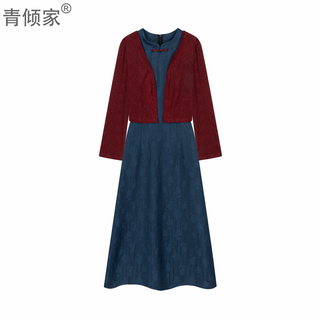 青倾家【知春晚】春装新款新中式套装披肩旗袍打底衫连衣裙两件套
