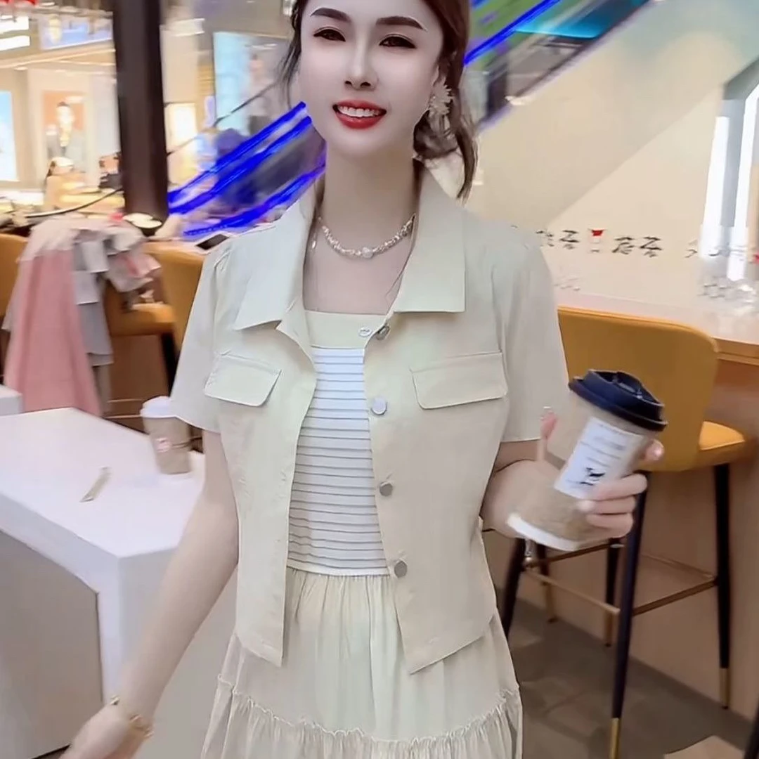 网红同款夏季休闲套装裙洋气显瘦百搭短款外套+吊带连衣裙两件套