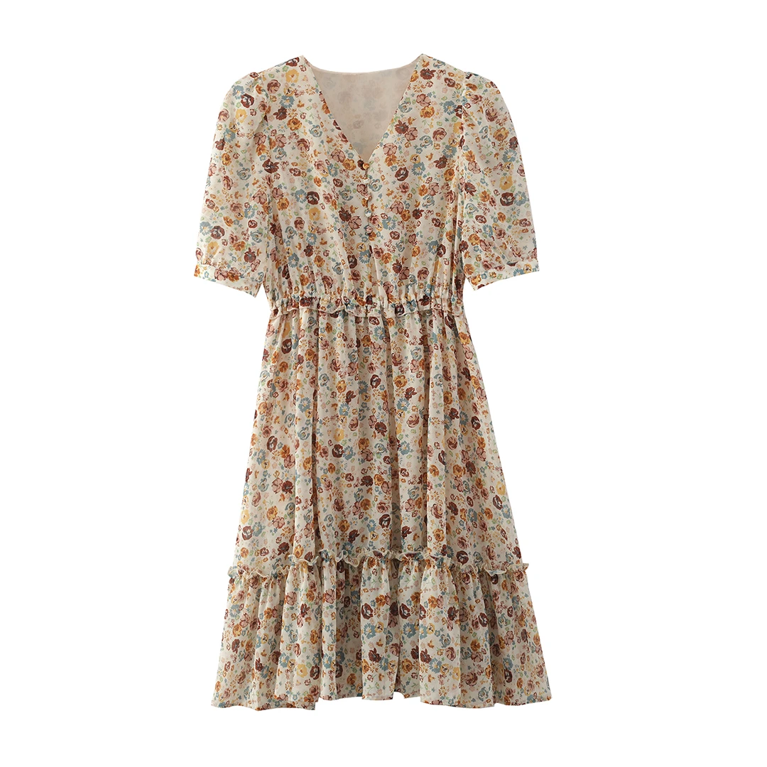 高端【HO】V领雪纺印花松紧腰显瘦连衣裙夏装品牌撤柜女装02A03612