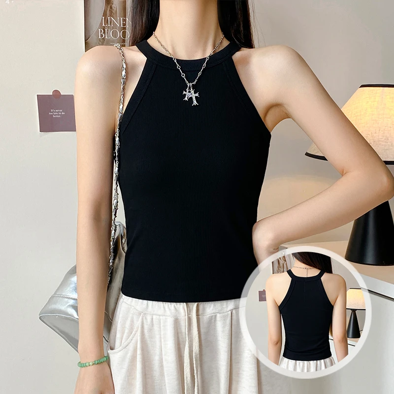 黑色工字挂脖小吊带背心女内搭带胸垫美背文胸一体内衣外穿上衣潮
