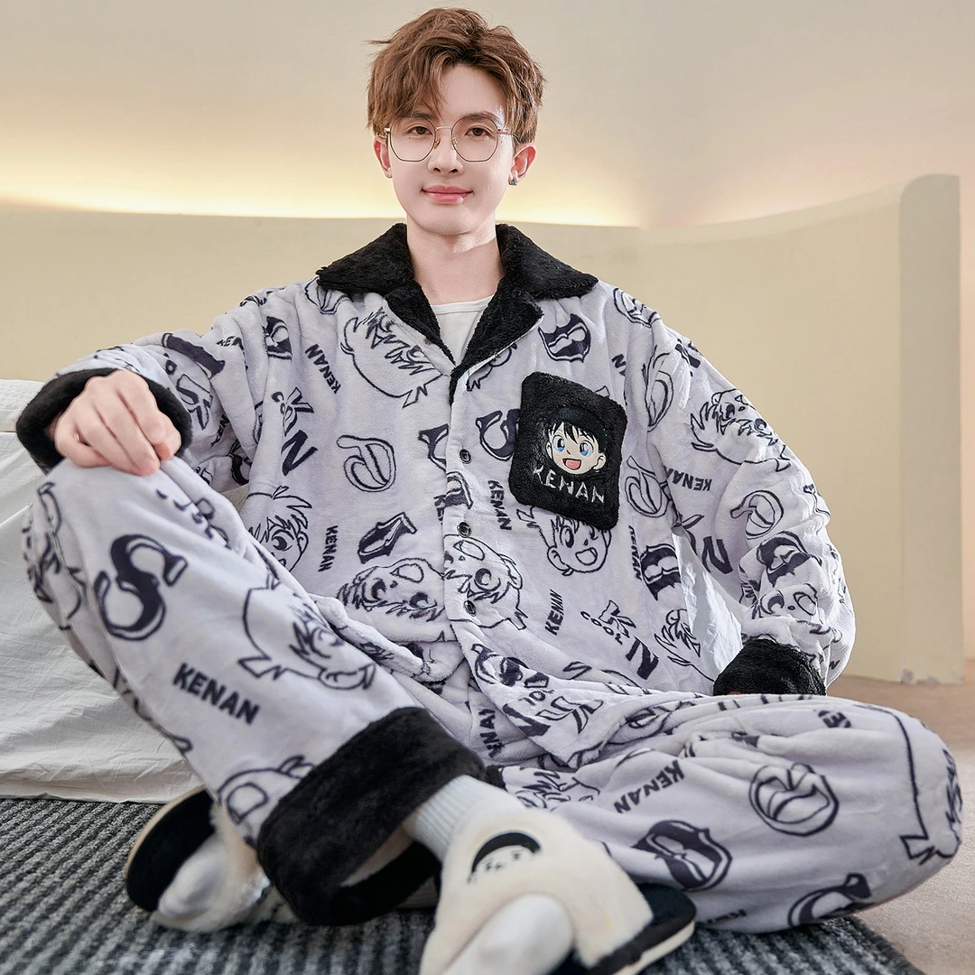 珊瑚绒睡衣男士冬季加绒加厚男款大码法兰绒可外穿冬天家居服套装