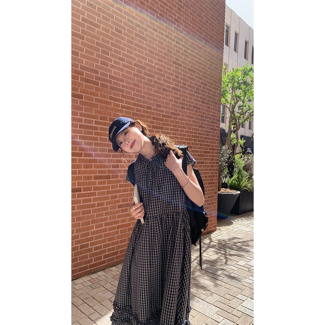 RAINY 日系花边领格纹系带连衣裙夏季女宽松格子短袖长款复古裙子