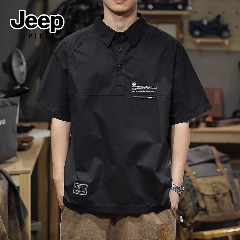 吉普夏季潮牌纯棉Polo衫男士短袖衬衣休闲ins痞帅黑色男款t恤衬衫