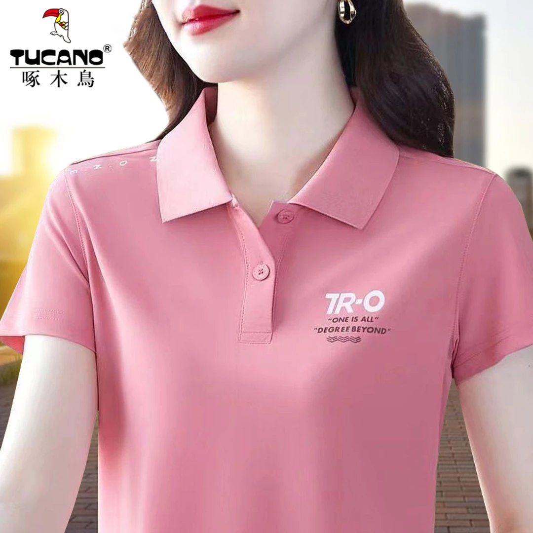 啄木鸟纯棉短袖t恤女夏季2025新款polo衫中年妈妈装运动翻领上衣T