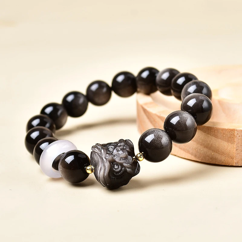 天然银曜石手串男款国潮醒狮轻奢高级感串珠手链女送男友生日礼物