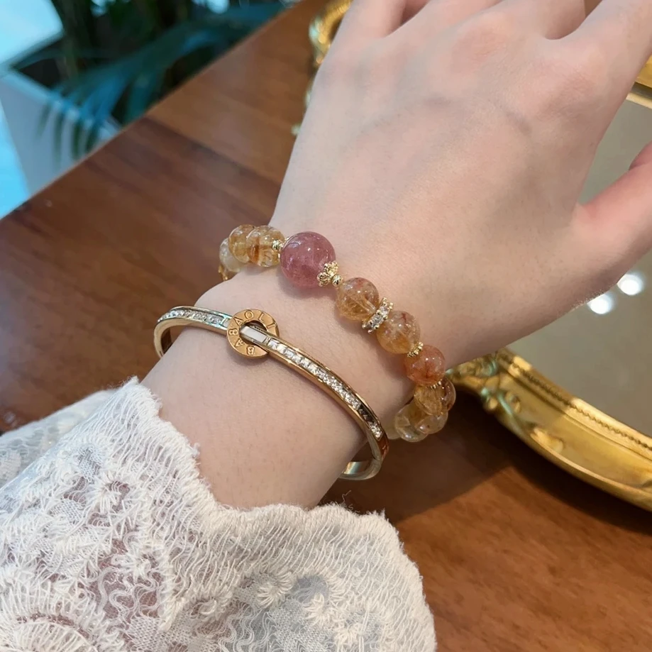 【财缘双生】9mm黄塔晶+12mm草莓晶 原创设计天然黄水晶手串女 A247