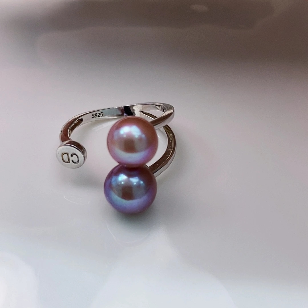 银S925镶嵌8A极光双珠戒指淡水珍珠